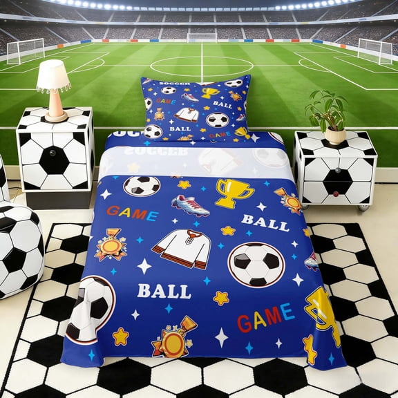 Erosebridal Blue Soccer Pattern Twin Sheet Sets, Cute Sport Bedding for Boys and Girls, 3-Piece, 1 Flat Sheet, 1 Fitted Sheet and 1 Pillowcase