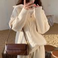 thumbnail image 2 of Vedolay Women's Tops Womens Casual Turtleneck Long Sleeve Striped Side Slit Pullover Sweater,White One Size, 2 of 5