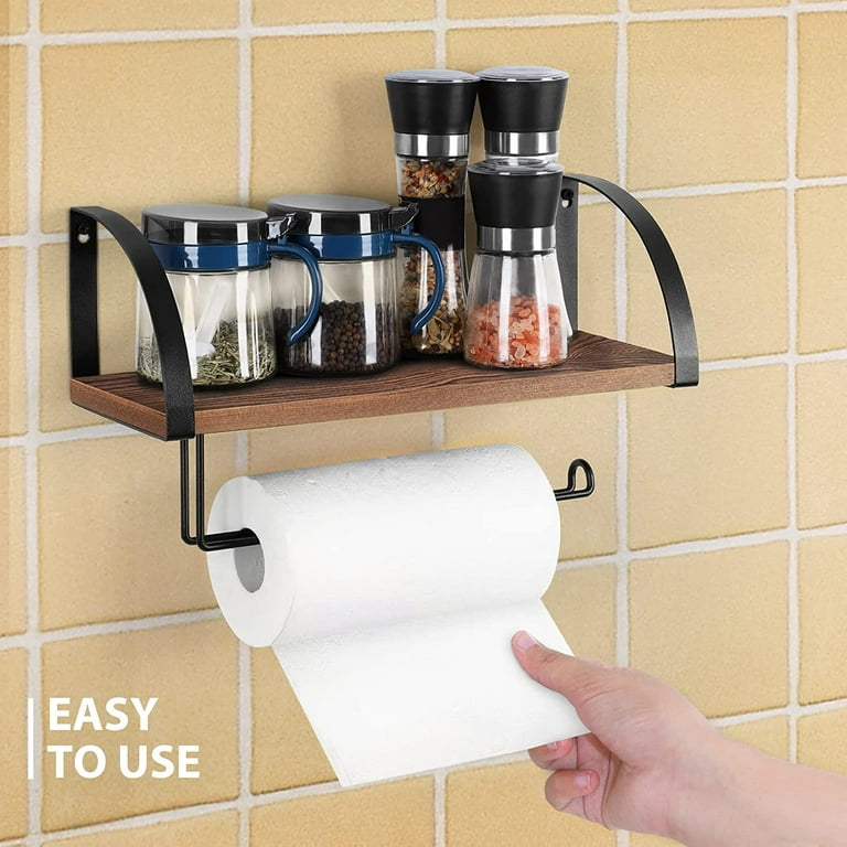 Wall Mounted Paper Towel Holder with Wood Shelf, Rustic Brown