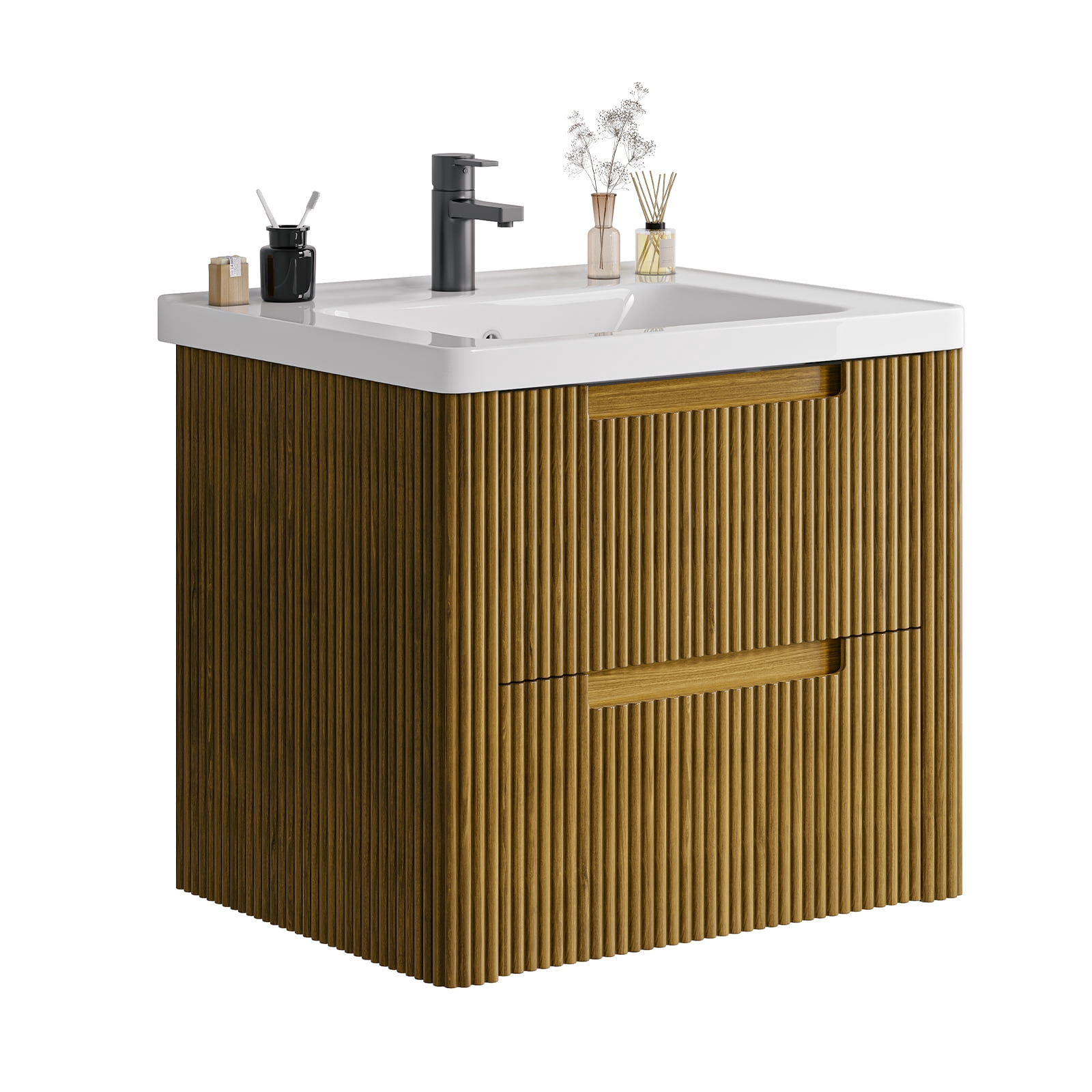 ROGALIS 24" Modern Bathroom Vanity, 2-Drawer, glossy resin Sink, Fluted Design, Drak Gold