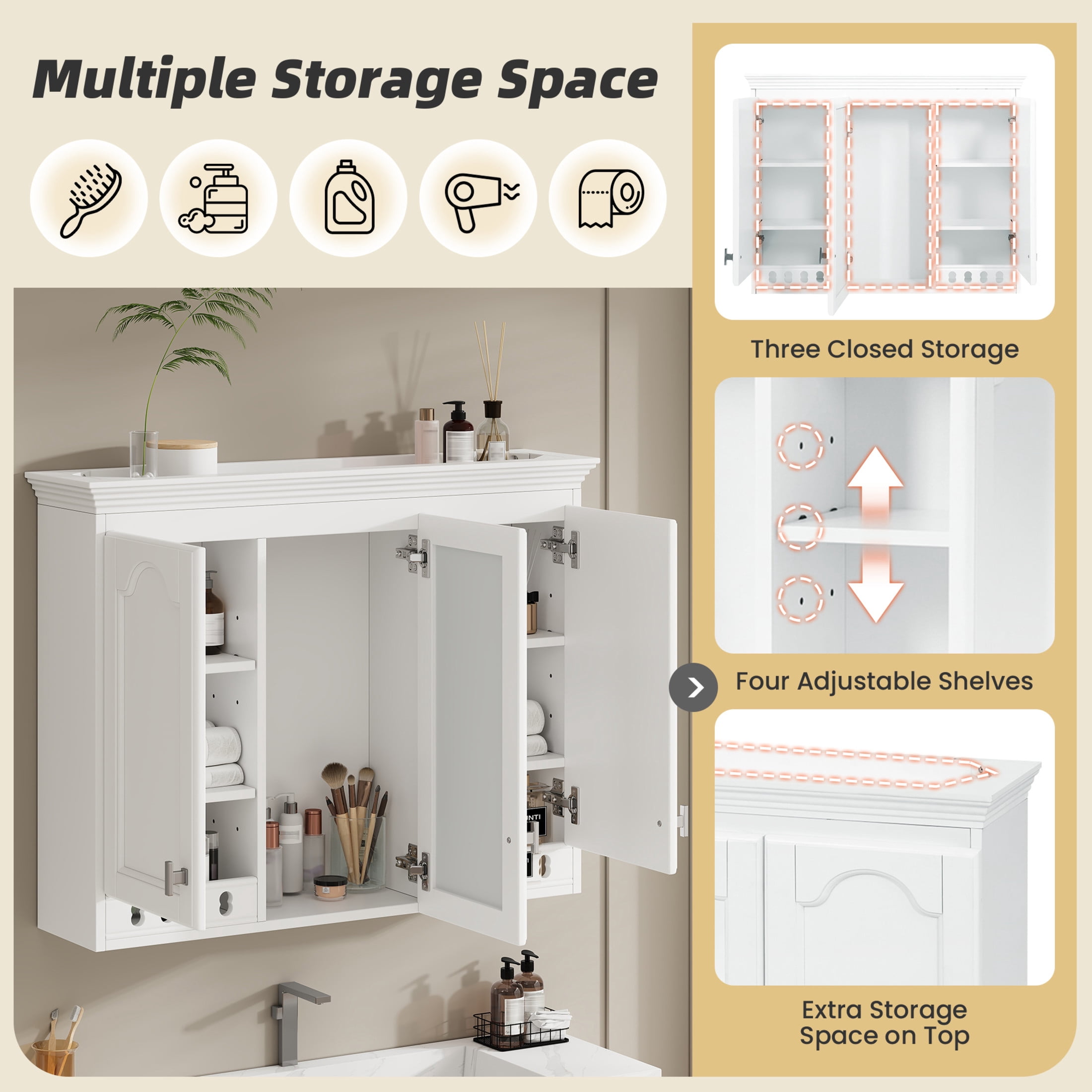 Noble House 35" Wall Mounted Mirror Cabinet with Adjustable Shelves, Soft-Close Hinges, White