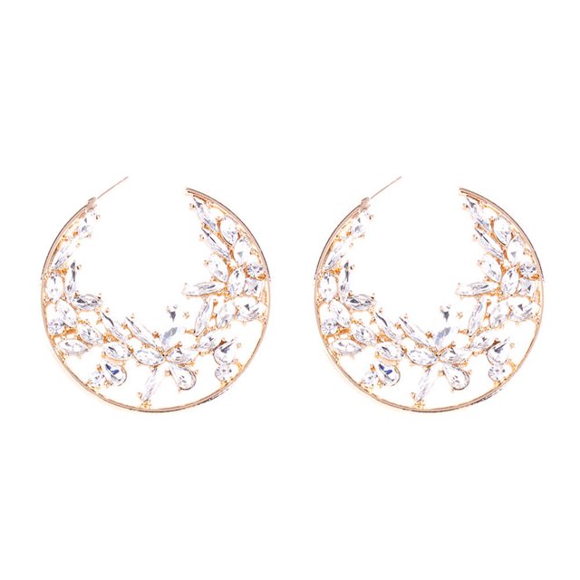 Trendy Women Shiny Flower Shape Rhinestones Round Circle Hoop Earrings(Gold)