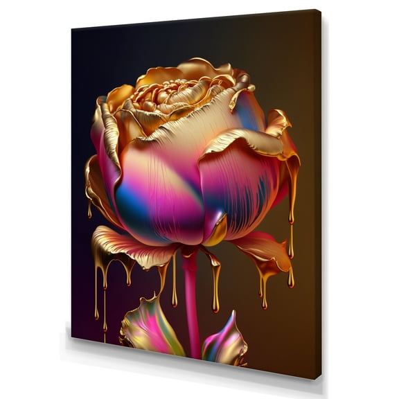 Designart Rainbow Peony Liquid Gold Drips Hyper III Canvas Wall Art