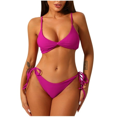 ZQGJB Women s Bikini Sets Summer Two Piece Bathing Suits Sexy Textured Halter Padded Bikini Swimsuits Side Tie Thong Bottom Swimwear(Hot Pink M)