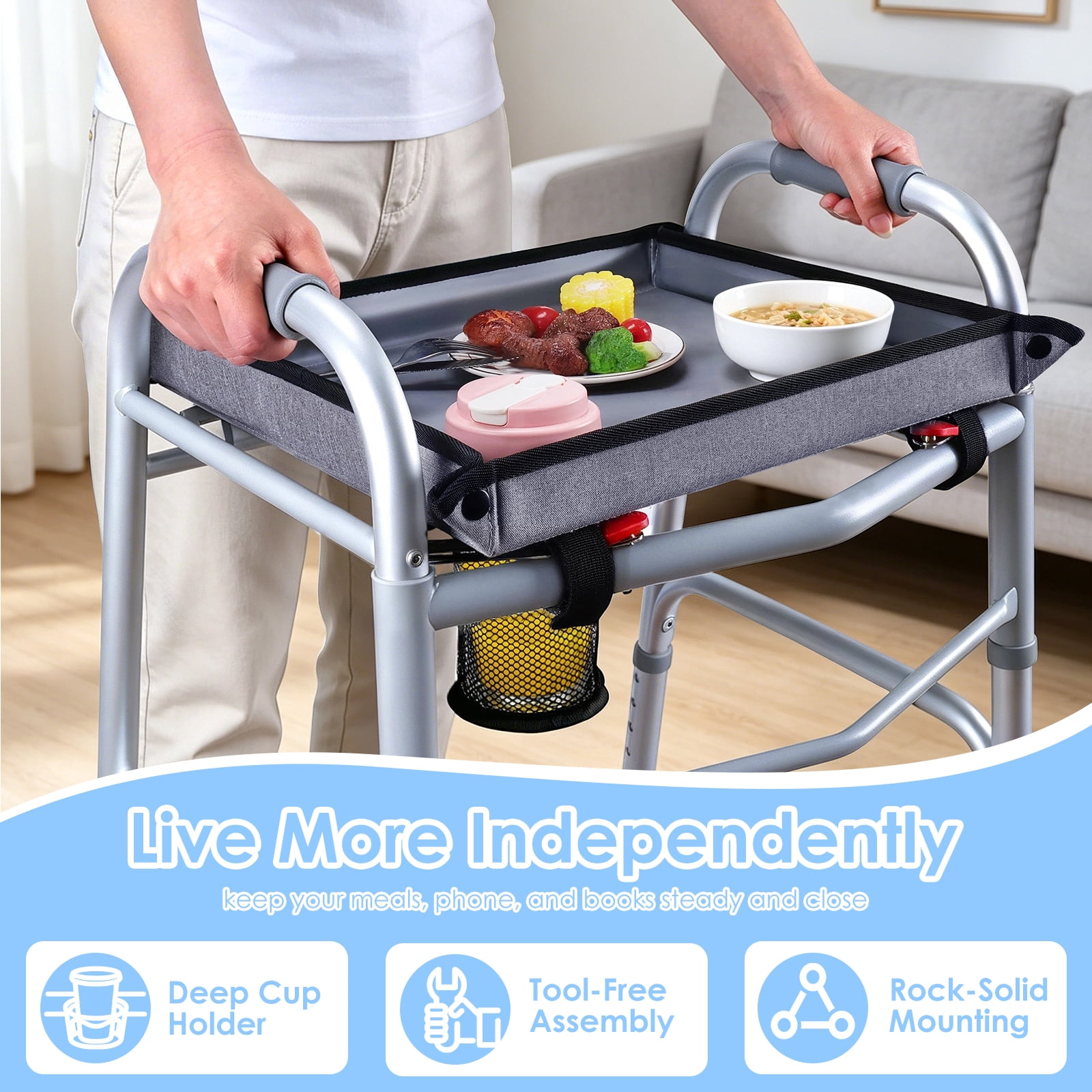 Walker Tray for Folding Walker - Trays for Walkers for Seniors with Cup Holders & Non-Slip & Multiple Front Pockets, Walkers Accessories Basket and Bag Tray for Elderly, Easy Assembly