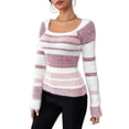 thumbnail image 2 of Women's Pullover Striped Knit Square Neck Sweater Color Block Long Sleeve Cute Trendy Fuzzy Sweaters Pink L, 2 of 10