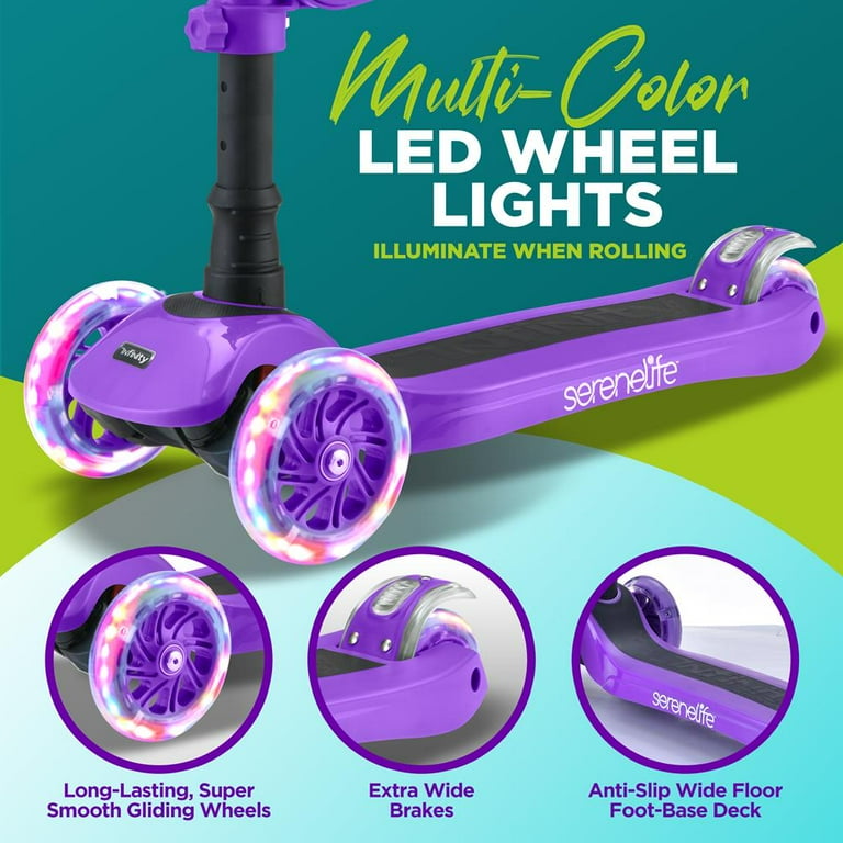 SereneLife 3 Wheeled Adjustable Purple Scooter for Kids 2 in 1 Sit Stand Toy Scooters w Seat