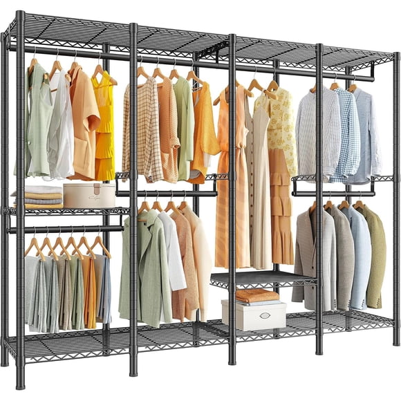 Perchero Resistente de 4 Niveles con 6 Estantes – Clóset Armable para Ropa, Repisas y Barras Ajustables, Estructura de Metal (Soporta 522 kg), Diseño en L o Lineal para Recámara