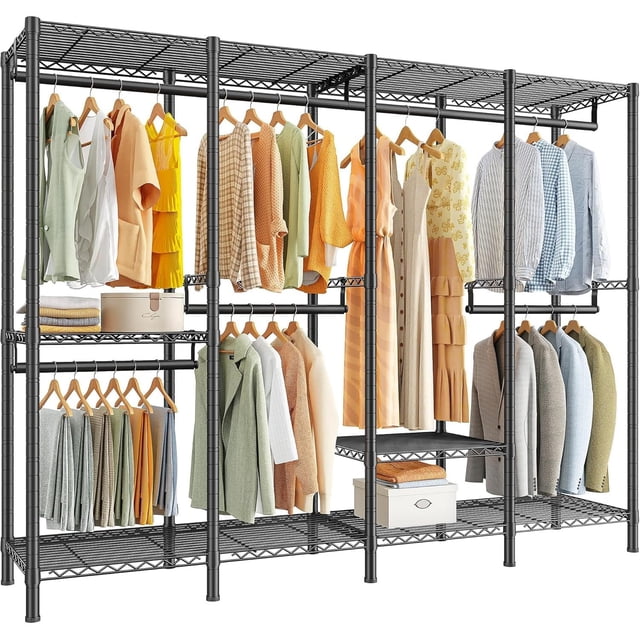 Perchero Resistente de 4 Niveles con 6 Estantes – Clóset Armable para Ropa, Repisas y Barras Ajustables, Estructura de Metal (Soporta 522 kg), Diseño en L o Lineal para Recámara