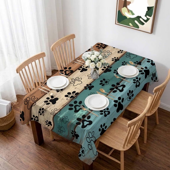 Green Brown Paw Print Table Cloth Waterproof Tablecloths, Vintage Farmhouse Country Wooden Grain Tablecloth Dining Table Cover for Kitchen Party Tabletop Outdoor, Rectangle Tablecloth 60x84 Inch