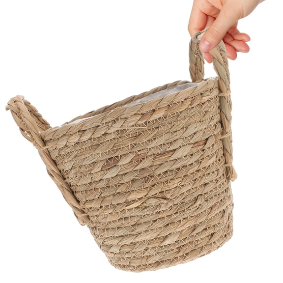 YUNLIGHTS 1Pc Khaki Braided Straw Flowerpot Retro Storage Basket Multipurpose Plant Planter