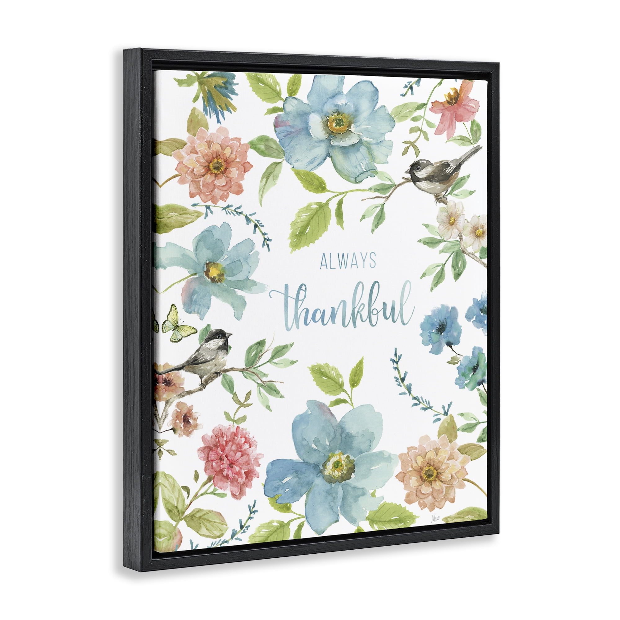 Stupell Industries Always Thankful Pink & Blue Black Framed Floater Canvas Wall Art, design by Nan
