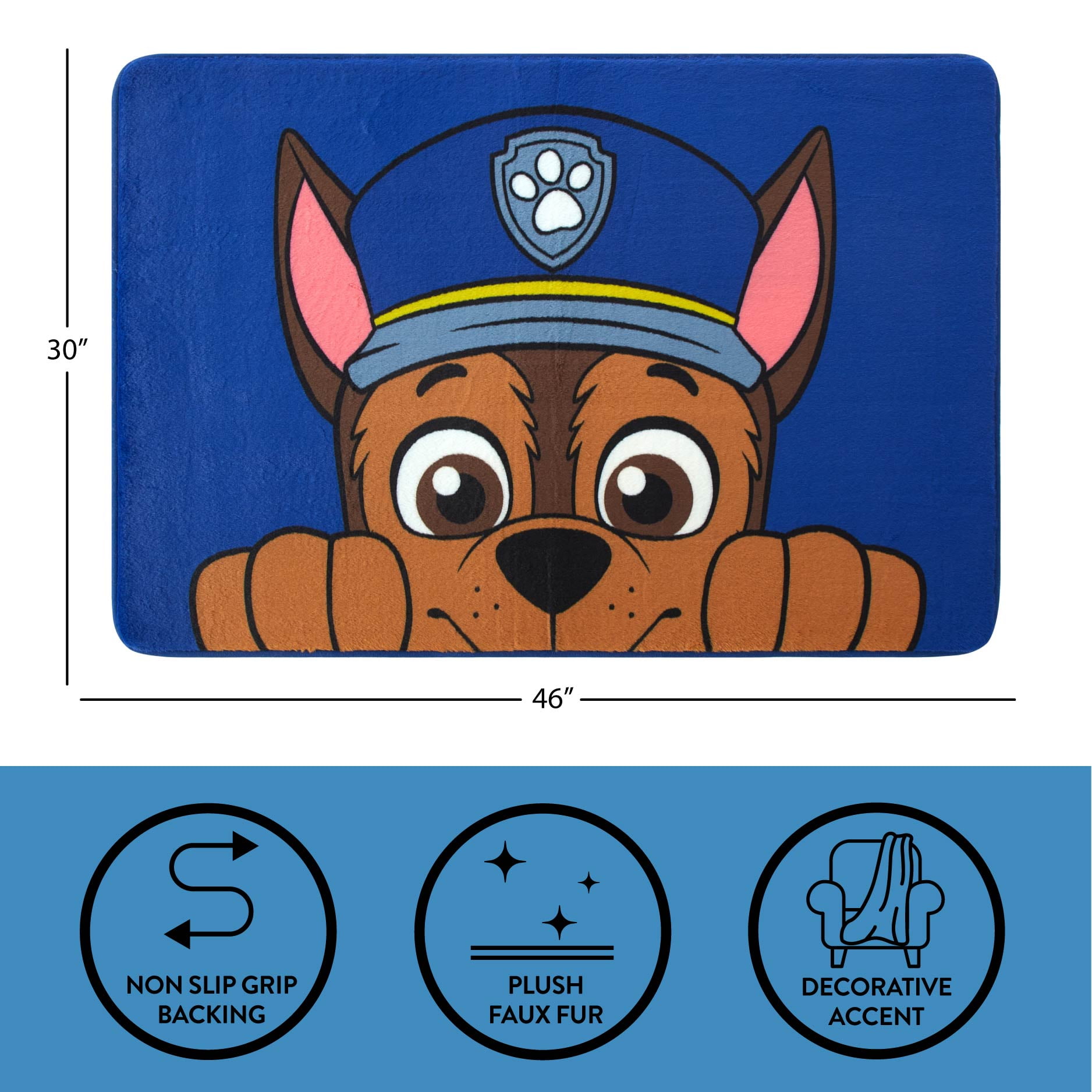 PAW Patrol Chase Faux Fur Rug for Kids' Bedroom or Playroom, 30" x 46"