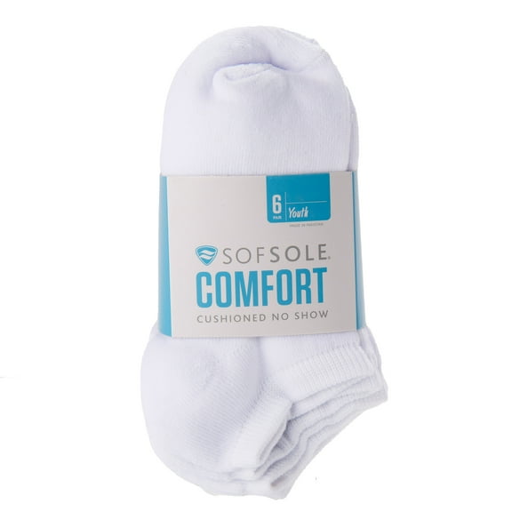 Sof Sole Kid's  Comfort No Show Socks, White, Youth Small, 6 Pairs