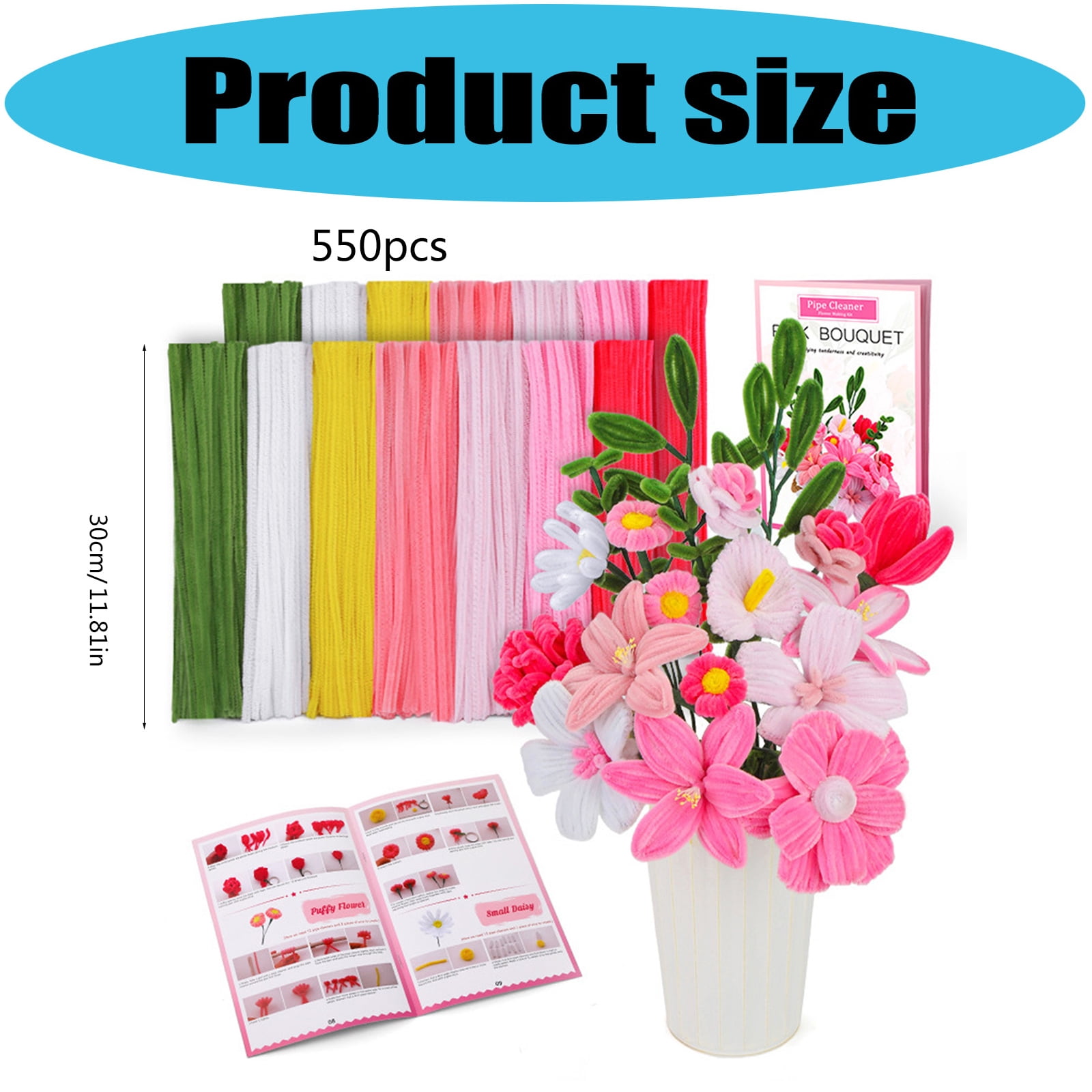 550Pcs Plush Stems Bouquets Craft Set with Instruction Handmade Pipe Cleaners Bouquets Set for Vase Flower Arrangements