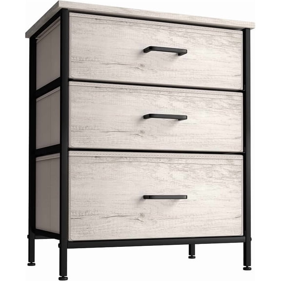 Fabric Dresser with 3 Multi-Sized Drawers, Greige Nightstand for Bedroom