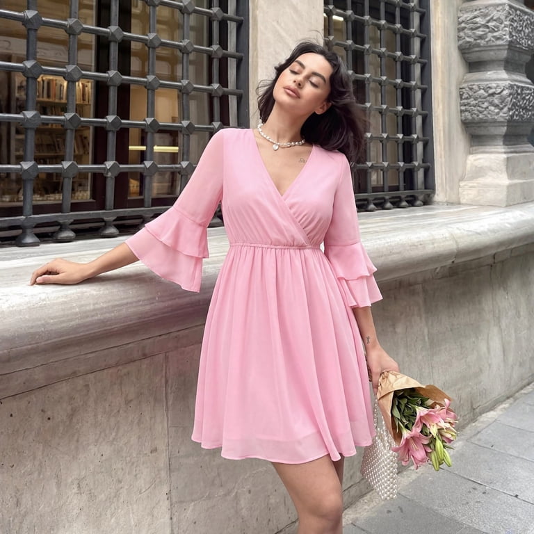 chiffon spring dresses Light Pink Tropical Print Chiffon Dress - Maxi Dresses