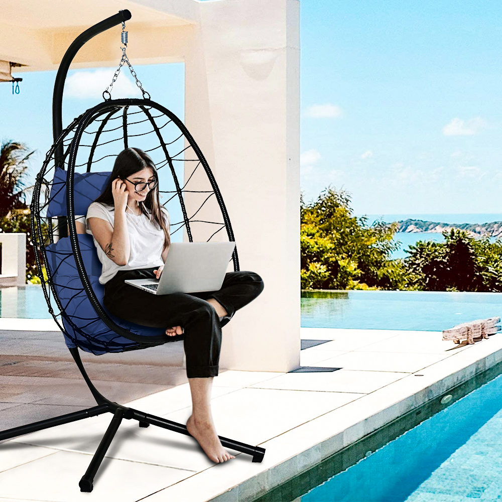 Patio Outdoor Egg Chair, Wicker Hanging Egg Chair with Navy Blue Cushion, Hanging Egg Chair with Stand, Swinging Egg Chair for Indoor Bedroom Garden Balcony, Patio Furniture Lounge Chair Set, W8046 - image 5 of 8