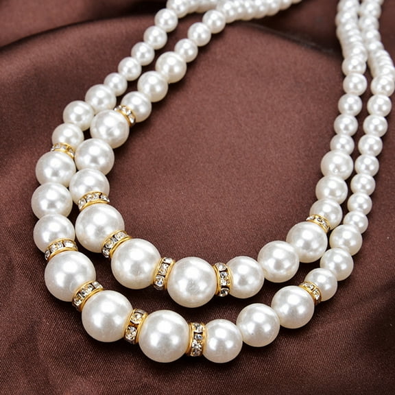 rygai Women Faux Pearl Beads Rhinestone Inlaid Double Layer Necklace Jewelry-Silver