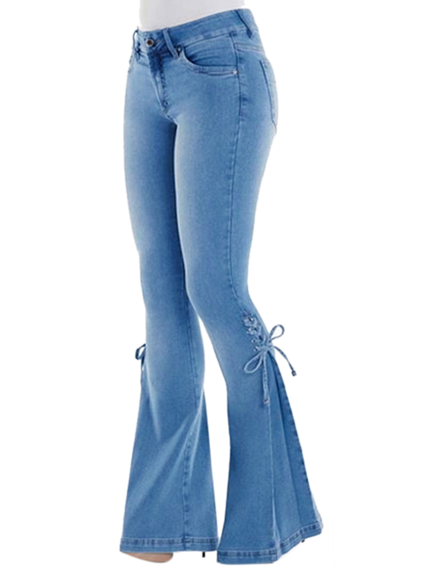 Women's Jeans Bottom Trousers Casual High Waist Stretch Denim Wide Leg Pants 