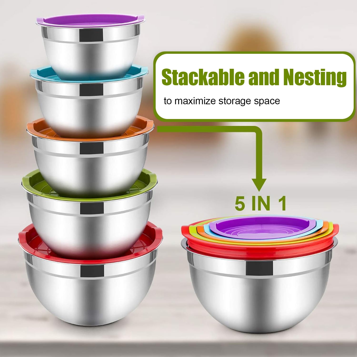 Mixing Bowls with Lids Set of 5, Vesteel Stainless Steel Mixing Bowls Metal Nesting Salad Bowls, Size 4.5, 3, 1.5, 1, 0.7 QT Great for Cooking, Baking, Serving - Multi-Color