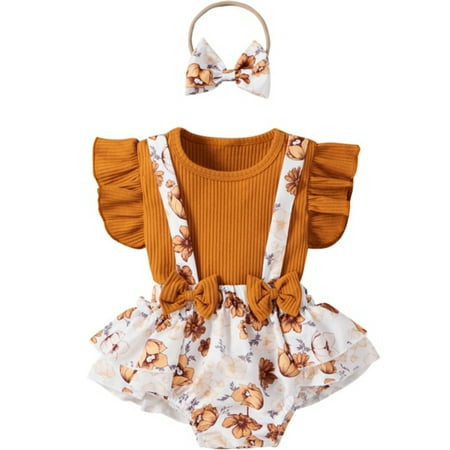 

3PCS Newborn Baby Girl Clothes Knit Top T-shirt Suspender Bottoms Floral Pants Outfit