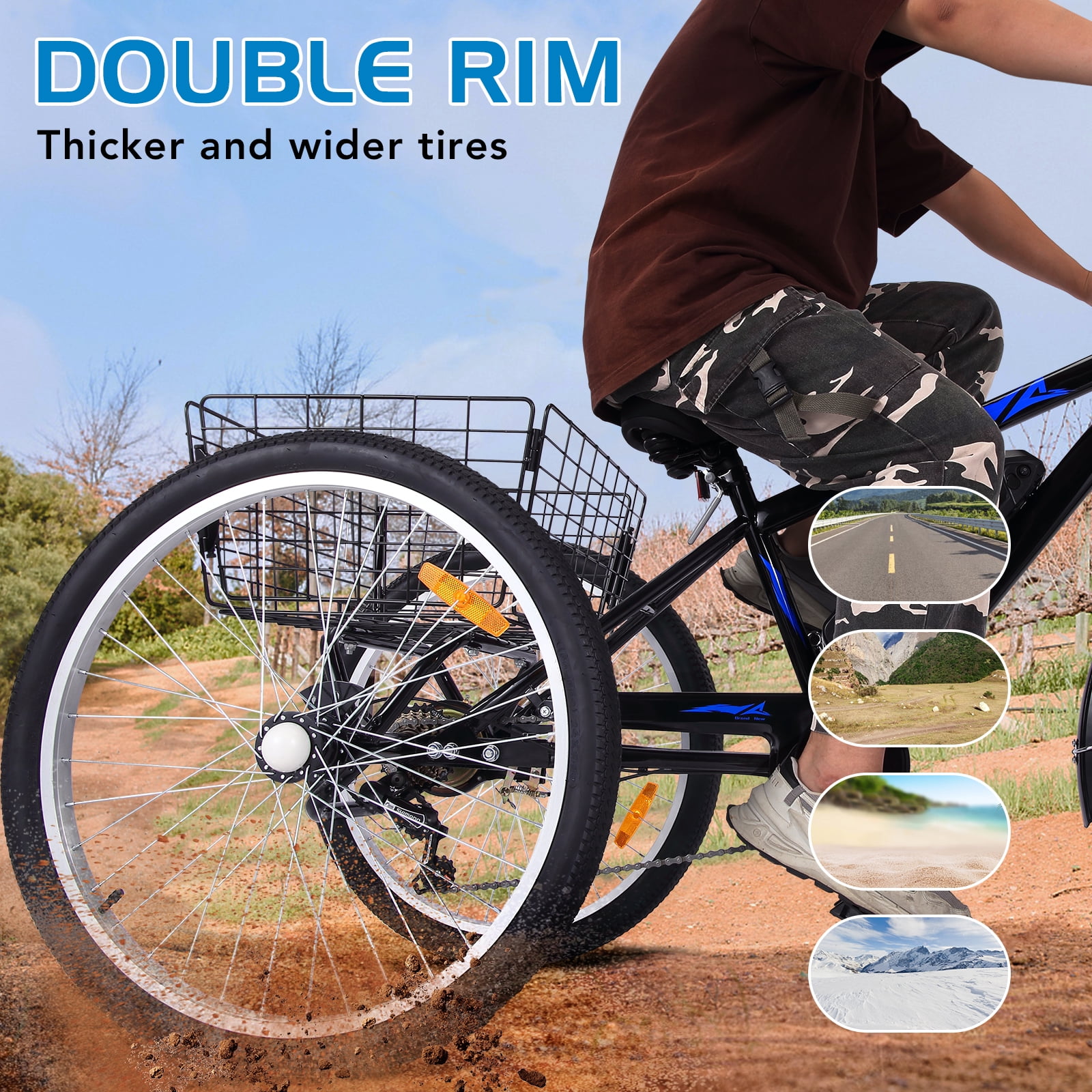 Towallmark 36V Electric Tricycle,350W 10AH Stepping Electric Tricycle,3 Wheels Fat Tires With Rear Basket For Adult Electric Bicycle,50 Miles Long Range, Blue