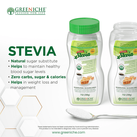 Greeniche Natural | Halal Stevia Jar | 200 Grams | 100% Natural Stevia Extracts | Powdered Sweetner | Blend-Sugar Substitute-Spoon-able Jar |
