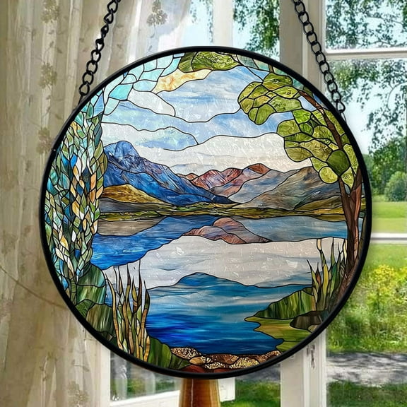 Stained Glass Window Hanging, Blue Lake Mountains Landscape Suncatcher for Doors Window Home Abstract Tree Sun Catchers Decor Mother's Day Birthday Gifts for Women, Men, and Mom,