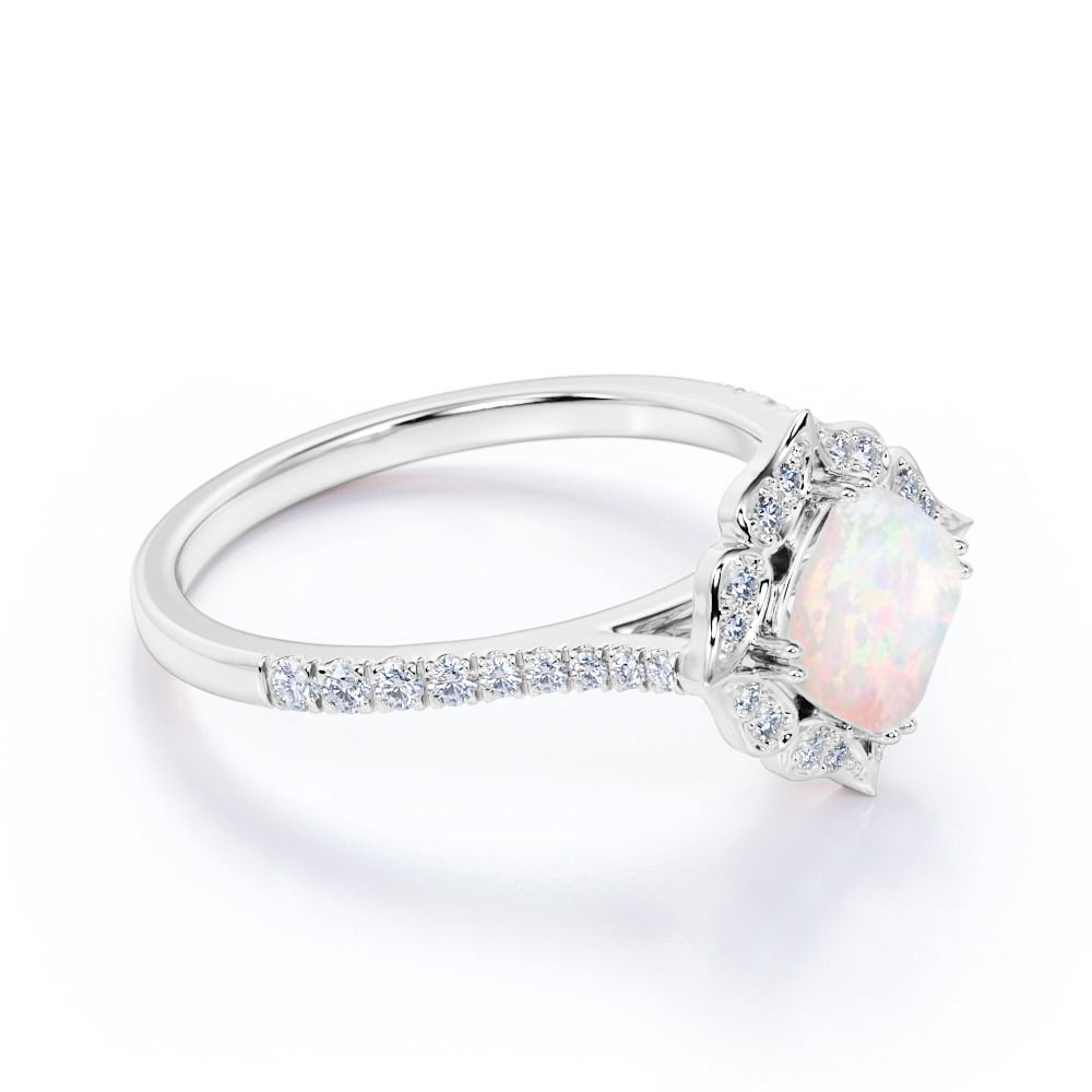 JeenMata Real 1.50 ct Princess Cut Blue Opal and Moissanite Engagement Ring in 18k White Gold over Silver