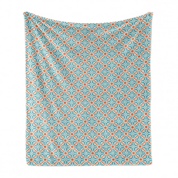 Oriental Soft Flannel Fleece Throw Blanket, Stalactite Inspired Intricate Lattice Moroccan Style, Cozy Plush for Indoor and Outdoor Use, 60" x 80", Rust Blue and Eggshell, by Ambesonne