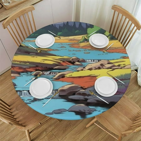 

Autua River Mountains Trees Round Table Cover Stain Resistant Washable Indoor Outdoor Kitchen Dining Wedding Parties 100% Polyester Full Width Single-Sided Printing Waterproof Fabric 42 -46