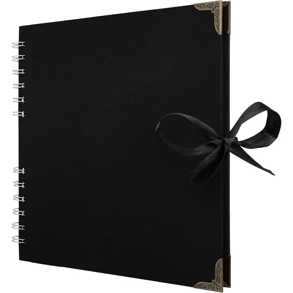 8 x 8 Inches Scrapbook Album 60 Pages Black Thick Kraft Paper Corner Protectors, Ribbon Closure - Ideal for Your Scrapbooking, Art & Craft Projects