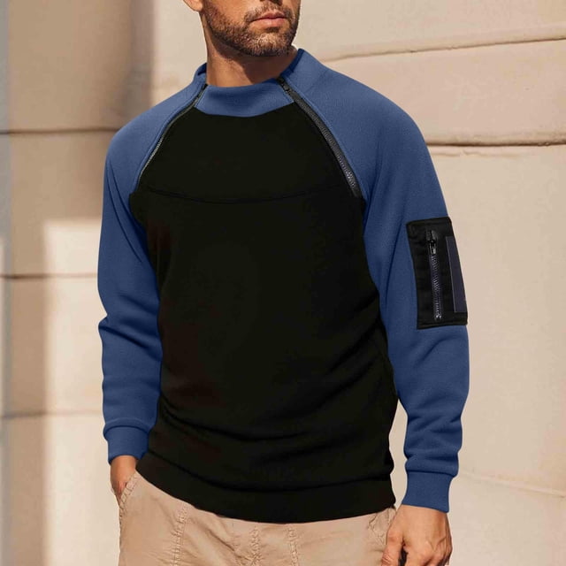 pstuiky camisetas de manga larga para hombre, Blusa informal de manga larga con cuello alto y cremallera cálida de polar de color liso para hombre top de hombre m