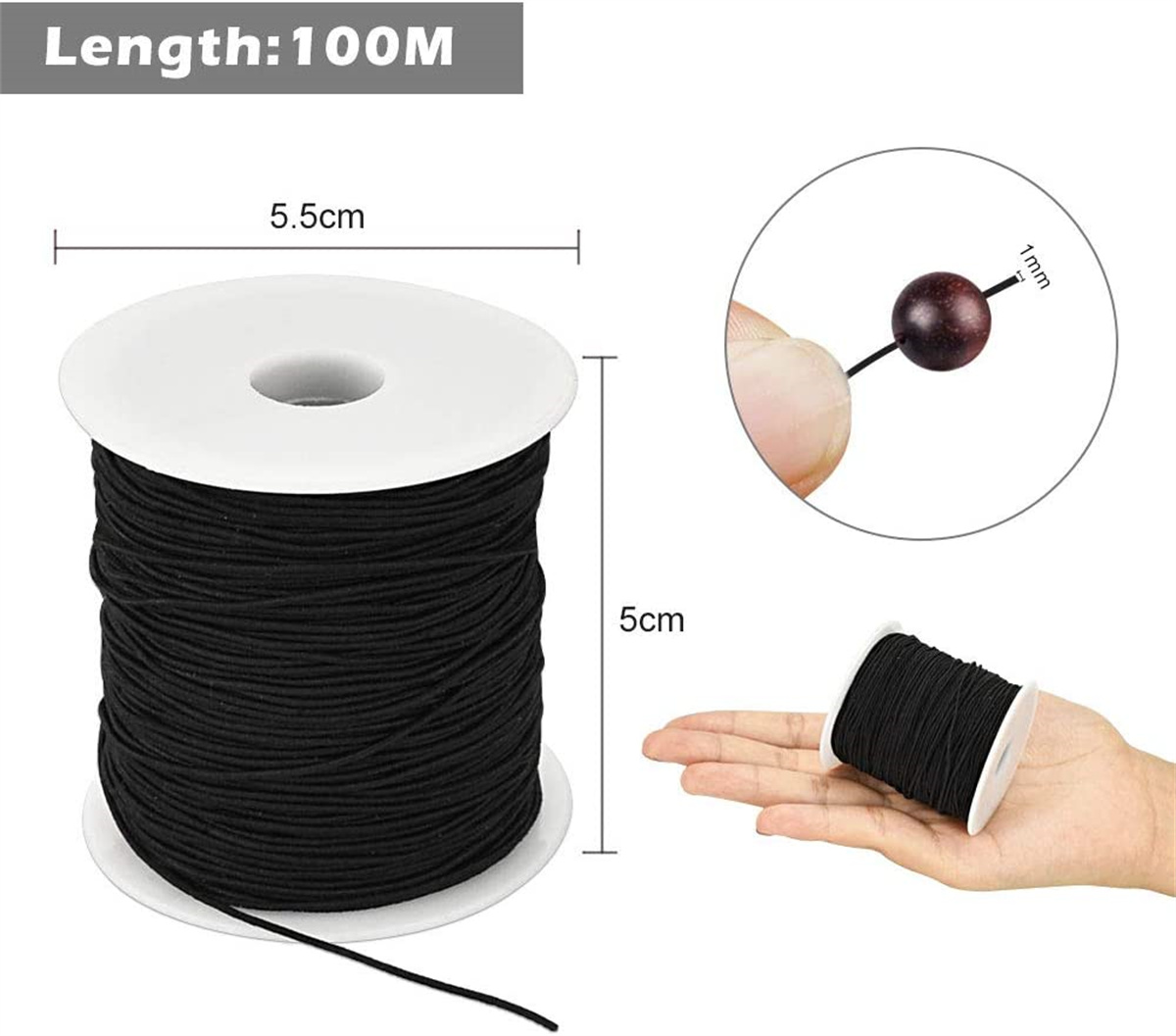 Elastic Cord,Thread Beading String,Bracelet String Elastic String Beading  Cords, Elastic String Cord for Masks, Jewellery, Sewing Accessories,  Elastic Rope for Crafts and Arts (1mm - 10 Meters Black) 