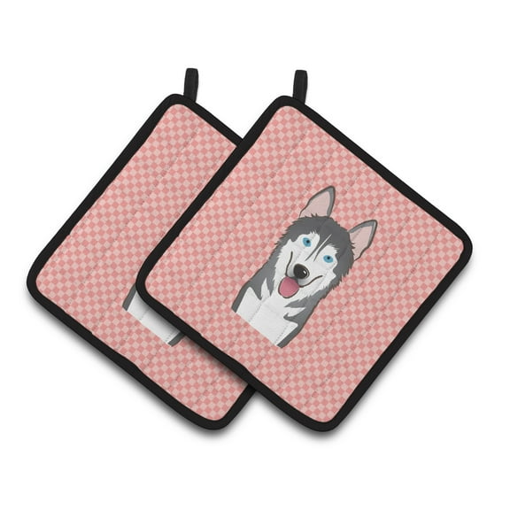 Carolines Treasures BB1218PTHD Checkerboard Pink Alaskan Malamute Pair of Pot Holders  7.5HX7.5W multicolor