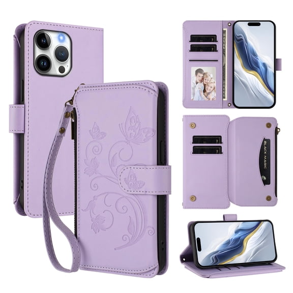 Dteck Wallet Crossbody Strap Case for iPhone 13 Pro Max,Magnetic Leather TPU Card Slots Zipper Wallet Case Shockproof Kickstand Cover with Detachable Wrist Strap / Shoulder Strap,Purple