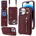 thumbnail image 2 of iPhone 14 pro Case with Card Holder for Women, iPhone 14 pro Phone Case Wallet with Strap Credit Card Slots Crossbody with Kickstand Zipper Case for iPhone14pro - Red Wine, 2 of 7