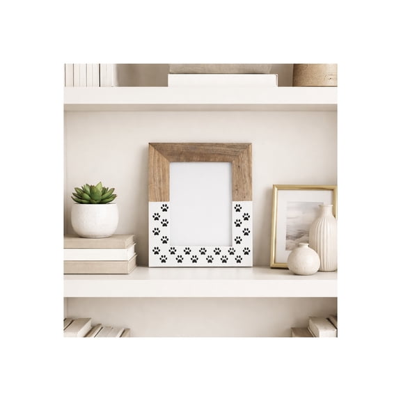 Wooden Paw Print Photo Frame for Tabletop Decor - Decorative Rectangle Picture Frames for Living Room Display - Casual Farmhouse Home Accent with Raised Carved Detail and Natural Texture - 10", White