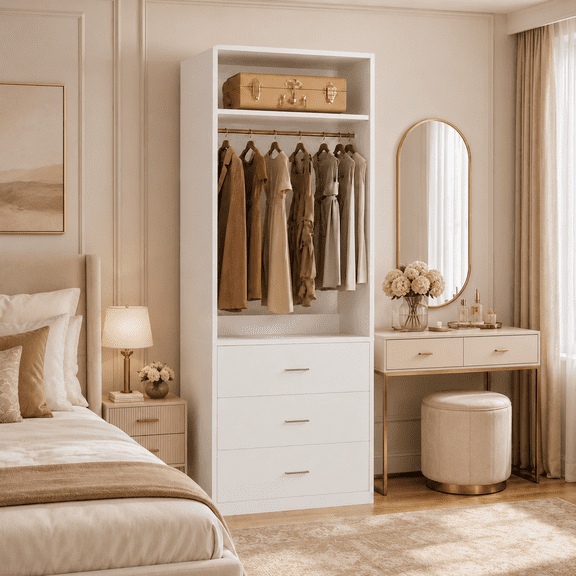 Homieasy Freestanding 2FT Closet System with 3 Wood Drawers, 24" Closet Organizer System with Hanging Rod & Shelves, Walk-in Closet Systems for Small Closets, White