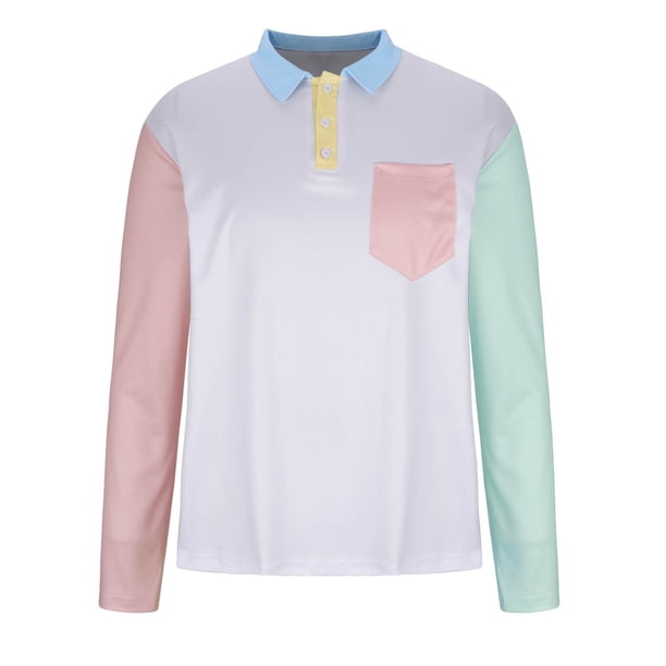 Blusa y camisa de manga larga con cuello vuelto para hombre, informal, con botones y bloques de color, de poliéster.