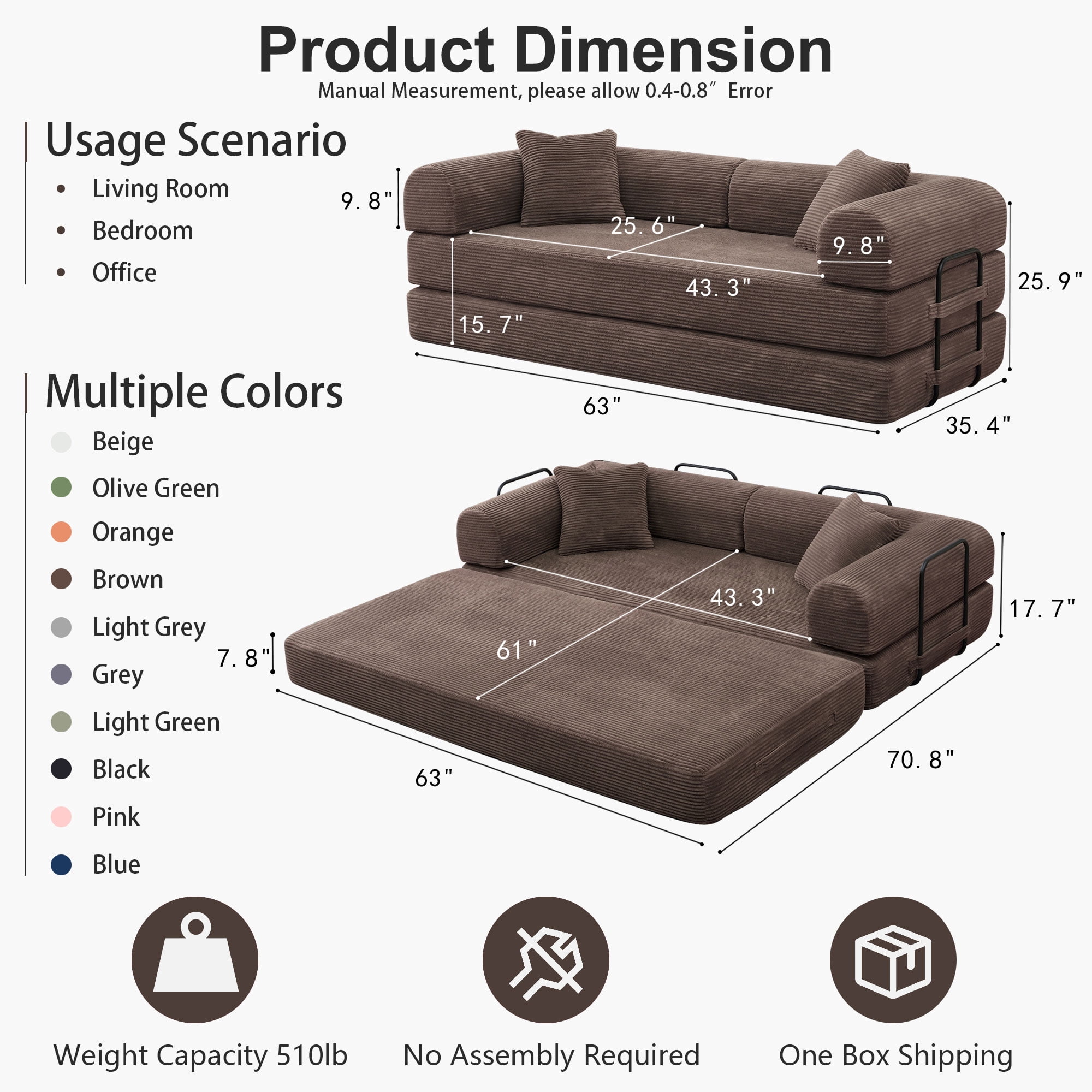 Convertible Floor Sofa Bed, Holaki 63" Foldable Compression Loveseat Lounge Sleeper Sofa with Pillow & Fixed-Shape Frame, Corduroy Folding Boneless Sofa Couch for Living Room, Small Space, Brown
