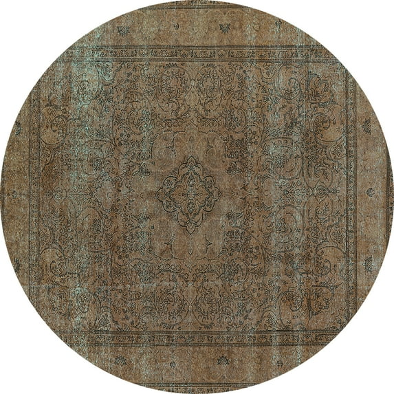 Ahgly Company Machine Washable Indoor Round Oriental Turquoise Blue Industrial Area Rugs, 8' Round
