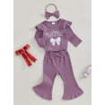 thumbnail image 3 of Suealasg 3Pcs Baby Girl Fall Outfits Set Long Sleeve Letters Bow Print Romper + Flare Pants + Headband Set 3 6 12 18 Months Infant Girl Spring Clothes, 3 of 7