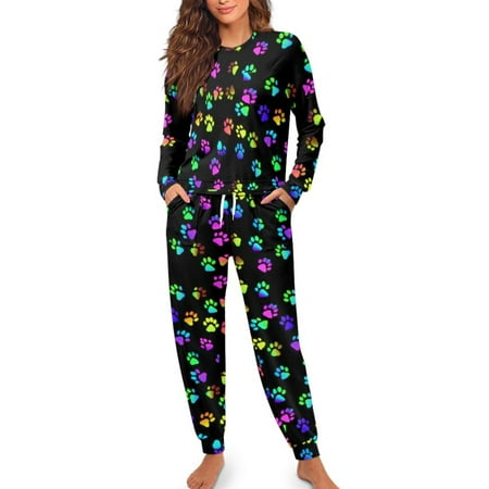 SCRAWLGOD Dog Paw Pajamas Women Long Sleeve 2 Piece Sets for Women Pj Loungewear Size M Crewneck Ladies Jogger Pjs Set Lightweight Womens Pajama Fall