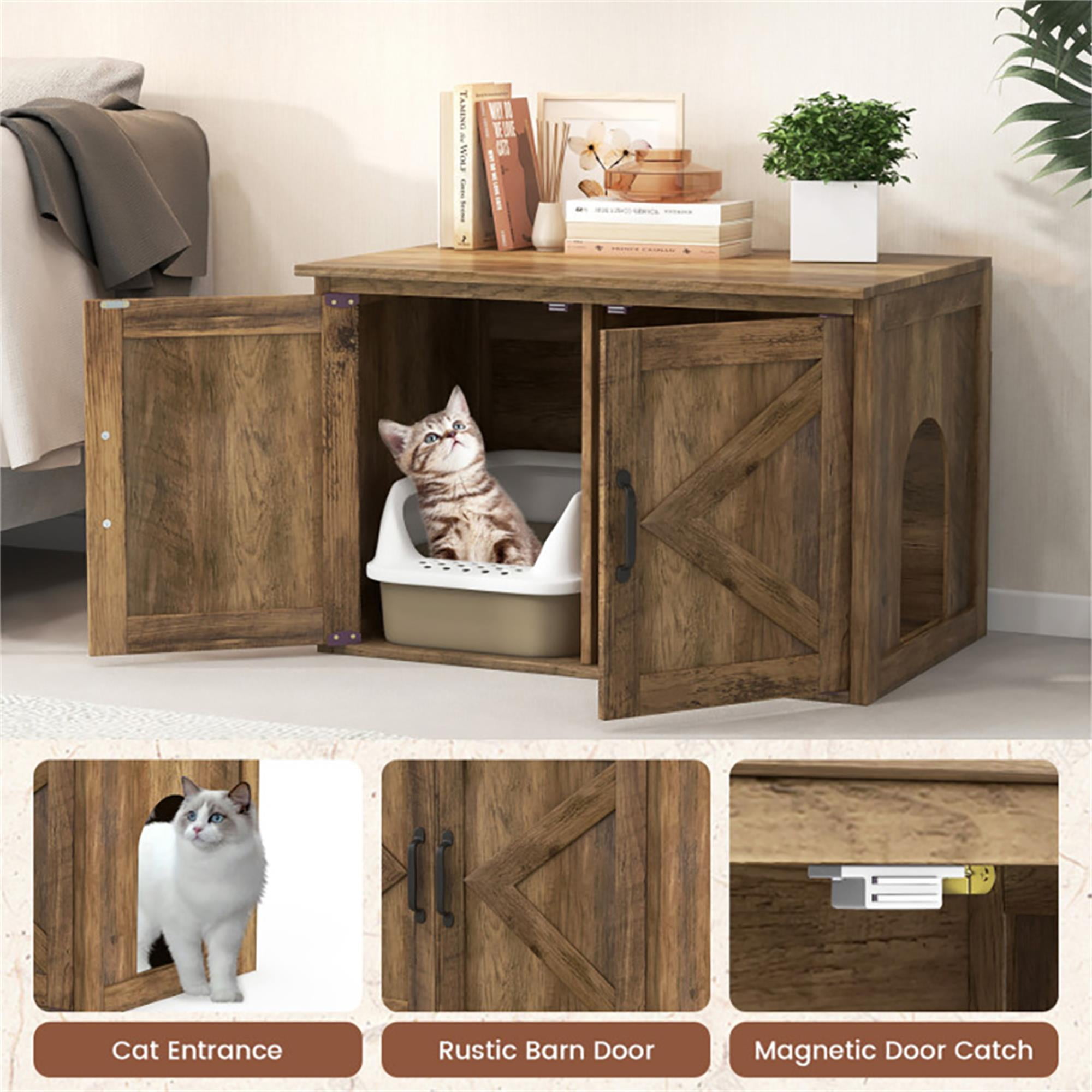 Kadyn 31" Cat Litter Box Enclosure with Double Barn Doors and Removable Divider, Flip Top Hidden Cat House Washroom Furniture, Brown
