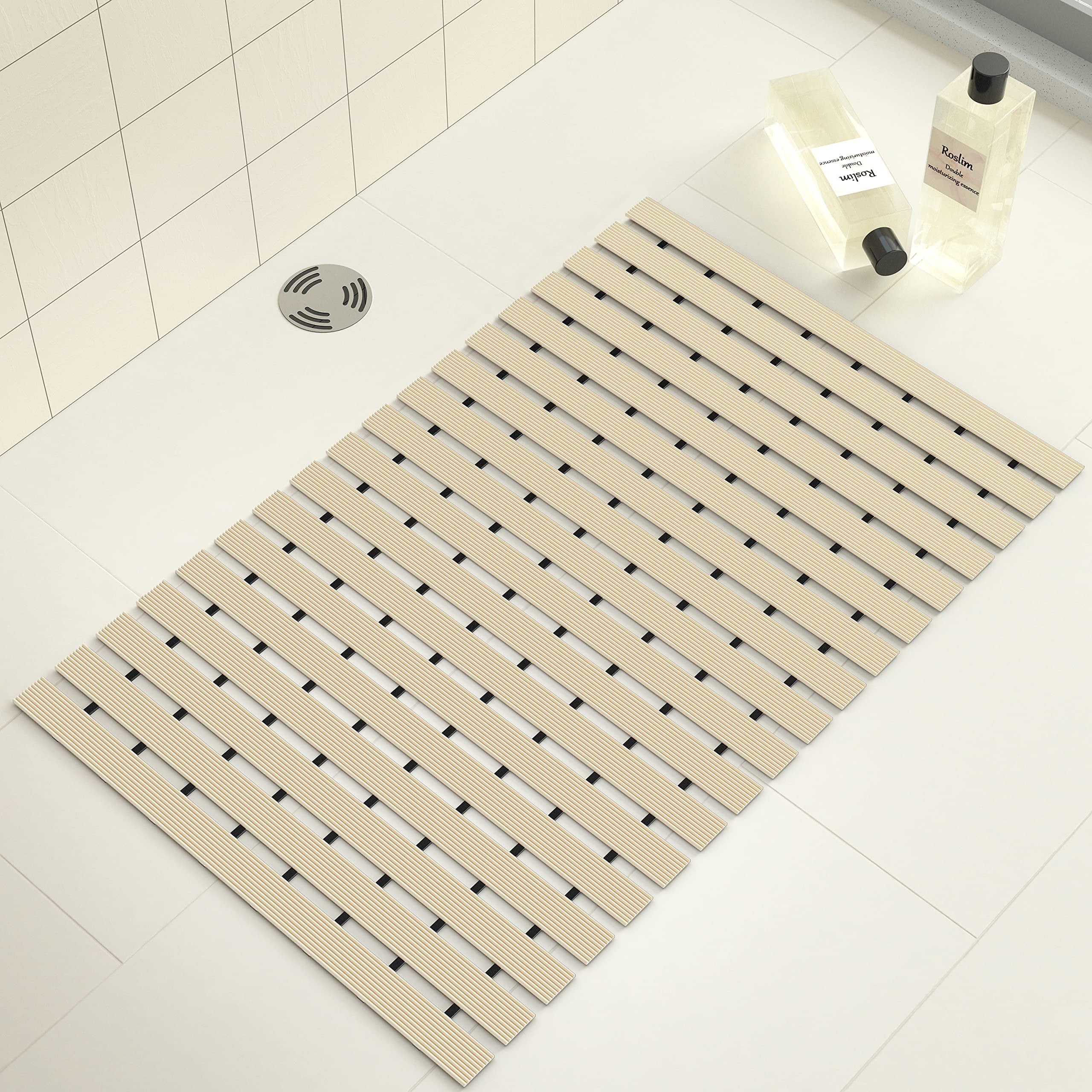 Heavy-Duty Slated Shower Mat with Drain Hole & Non Slip Feet Pads,  Waterproof Wooden Platform Floor Mat Bathmat, Bathtub/Shower/Rv/Apartment  (Size : 31x36 in(79x91cm))