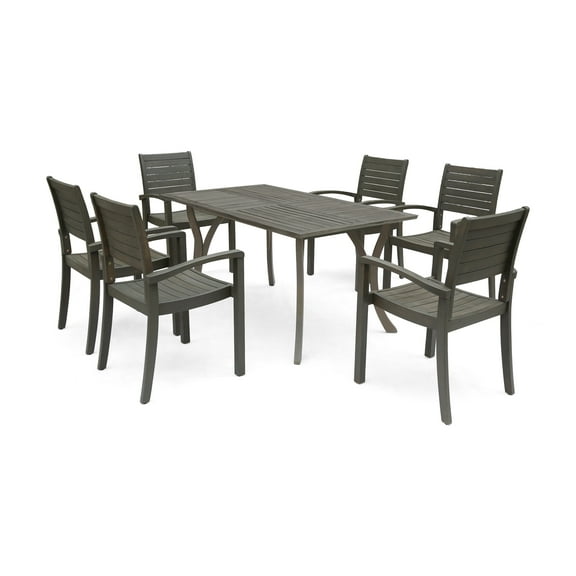 Bauer Outdoor 6-Seater Rectangular Acacia Wood Dining Set, Gray Finish