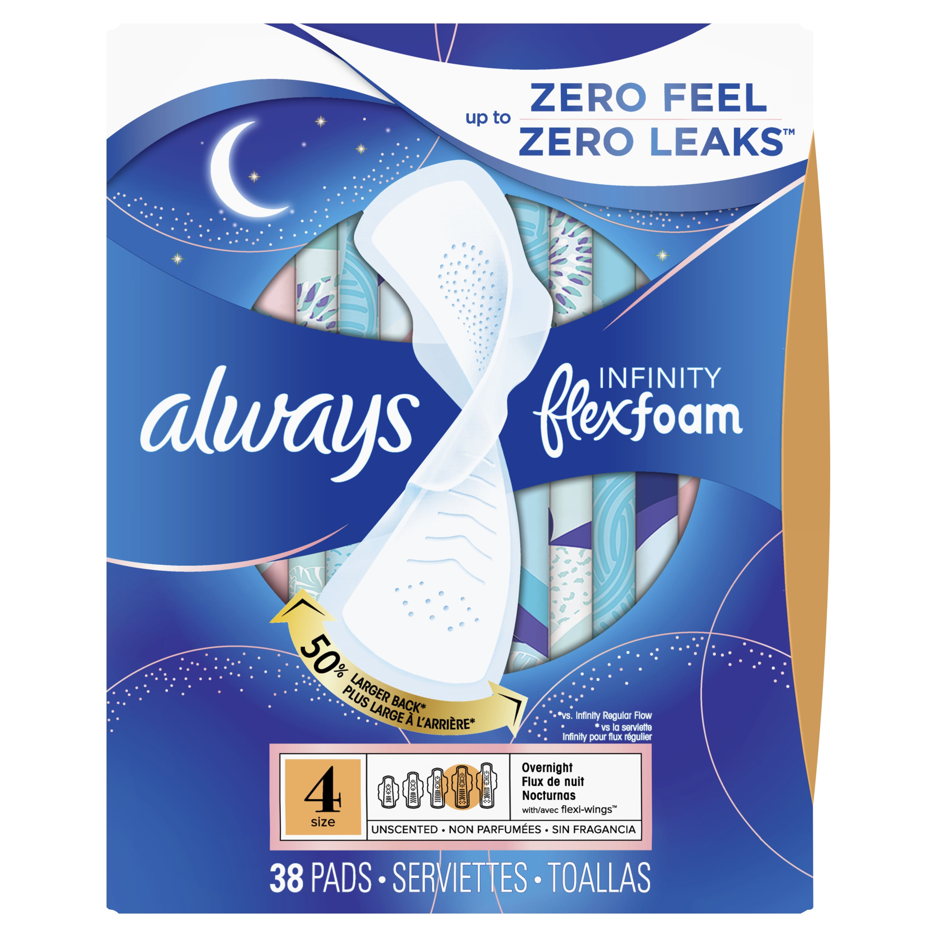 Always Infinity Overnight Pads with Wings, Unscented, Size 4, 38 Ct