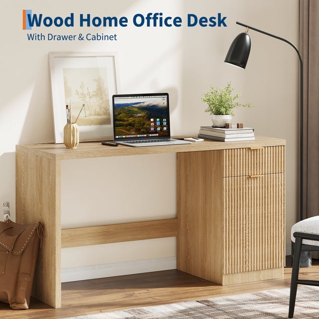 Modern Fluted Executive Office Desk – 60 Inch Wide Wooden Computer Table with Storage Cabinet and Drawers – Spacious Writing Desk for Study, Home Office, or Conference – Natural Oak Wood Color